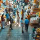 a vibrant market scene in india bustling with activity, showcasing colourful pharmaceutical stalls filled with diverse medicines, framed by the warm glow of early morning sunlight filtering through the crowd.