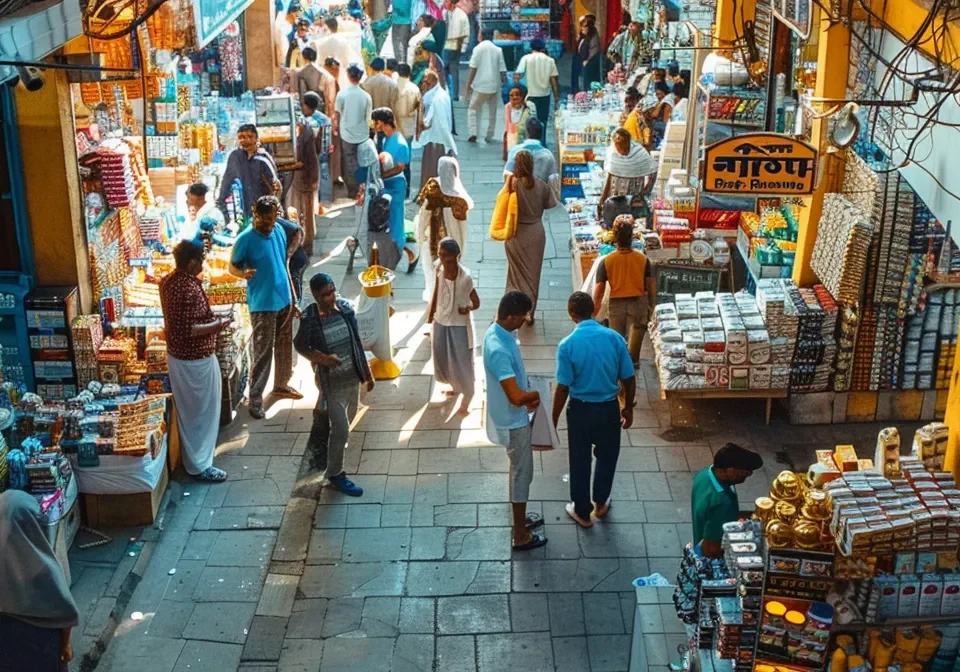 a vibrant market scene in india bustling with activity, showcasing colourful pharmaceutical stalls filled with diverse medicines, framed by the warm glow of early morning sunlight filtering through the crowd.