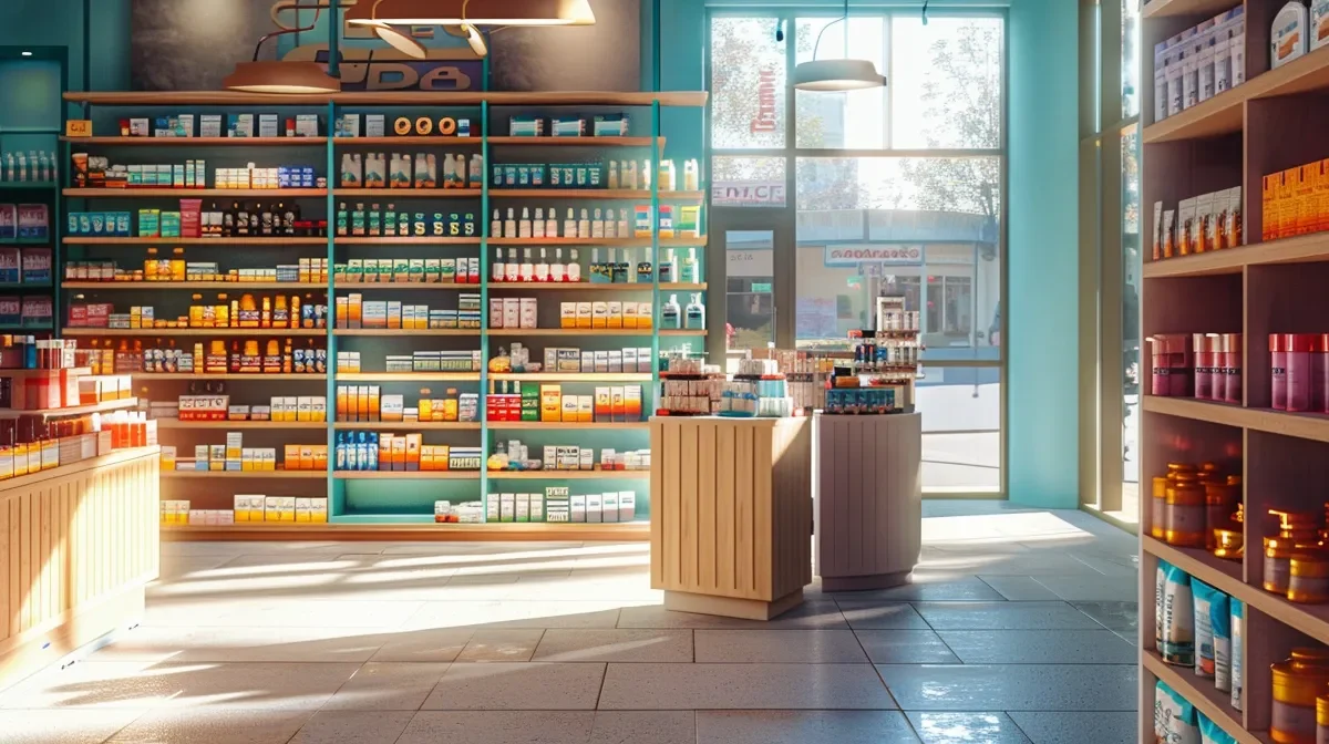 a vibrant pharmacy storefront, boasting an array of neatly organised products in colourful packaging, bathed in warm afternoon sunlight that highlights the welcoming atmosphere of the pharma franchise pcd.