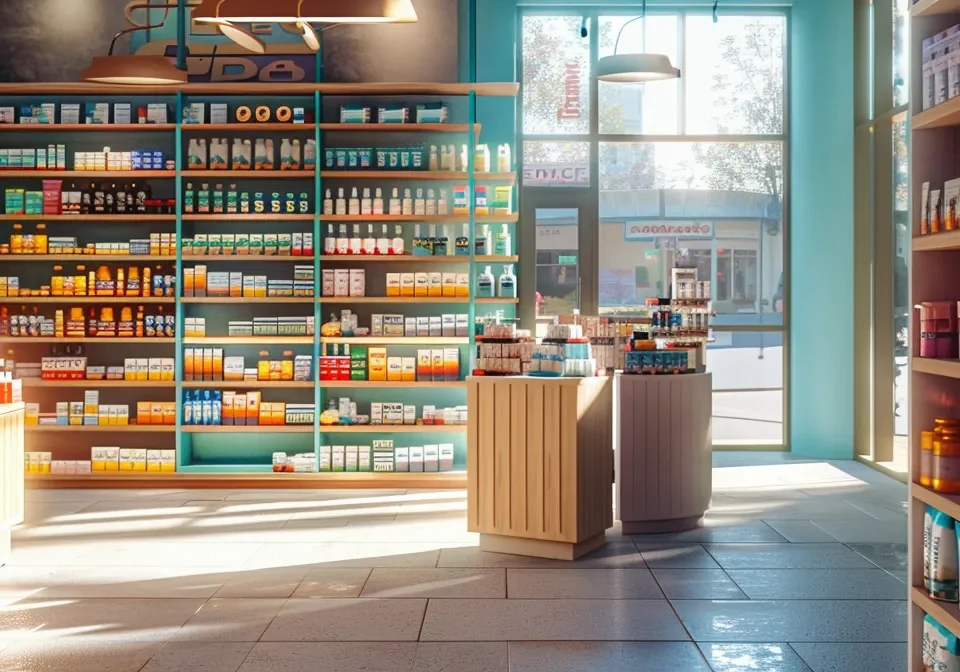 a vibrant pharmacy storefront, boasting an array of neatly organised products in colourful packaging, bathed in warm afternoon sunlight that highlights the welcoming atmosphere of the pharma franchise pcd.
