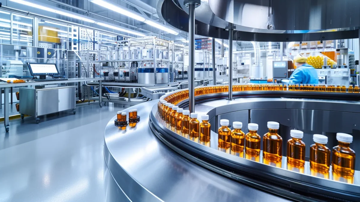a modern pharmaceutical manufacturing facility features sleek stainless steel machinery and vibrant glass vials, illuminated by bright, sterile lighting that conveys a sense of precision and innovation.