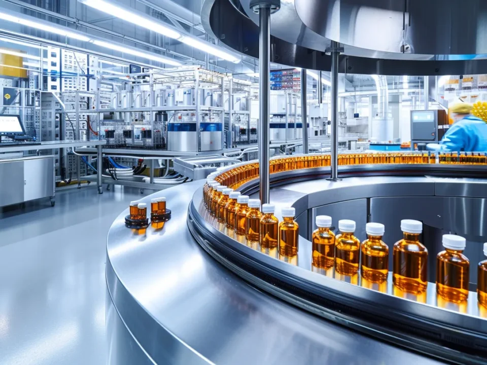 a modern pharmaceutical manufacturing facility features sleek stainless steel machinery and vibrant glass vials, illuminated by bright, sterile lighting that conveys a sense of precision and innovation.