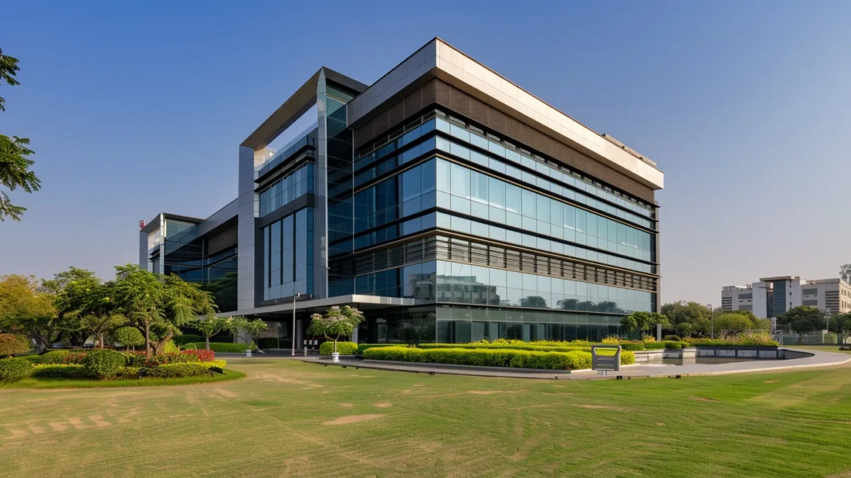 a sleek, modern pharmaceutical facility in chandigarh, bathed in warm afternoon sunlight, showcases its gleaming glass façade and green surroundings, emphasizing innovation and dedication to health.