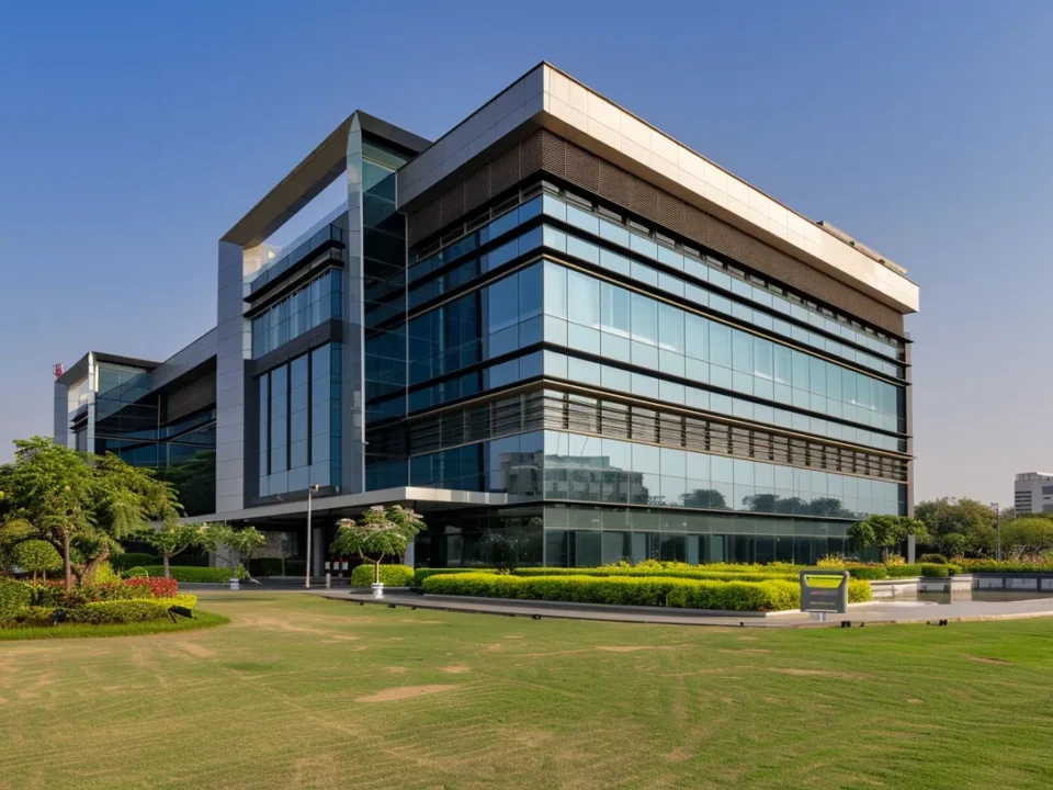 a sleek, modern pharmaceutical facility in chandigarh, bathed in warm afternoon sunlight, showcases its gleaming glass façade and green surroundings, emphasizing innovation and dedication to health.