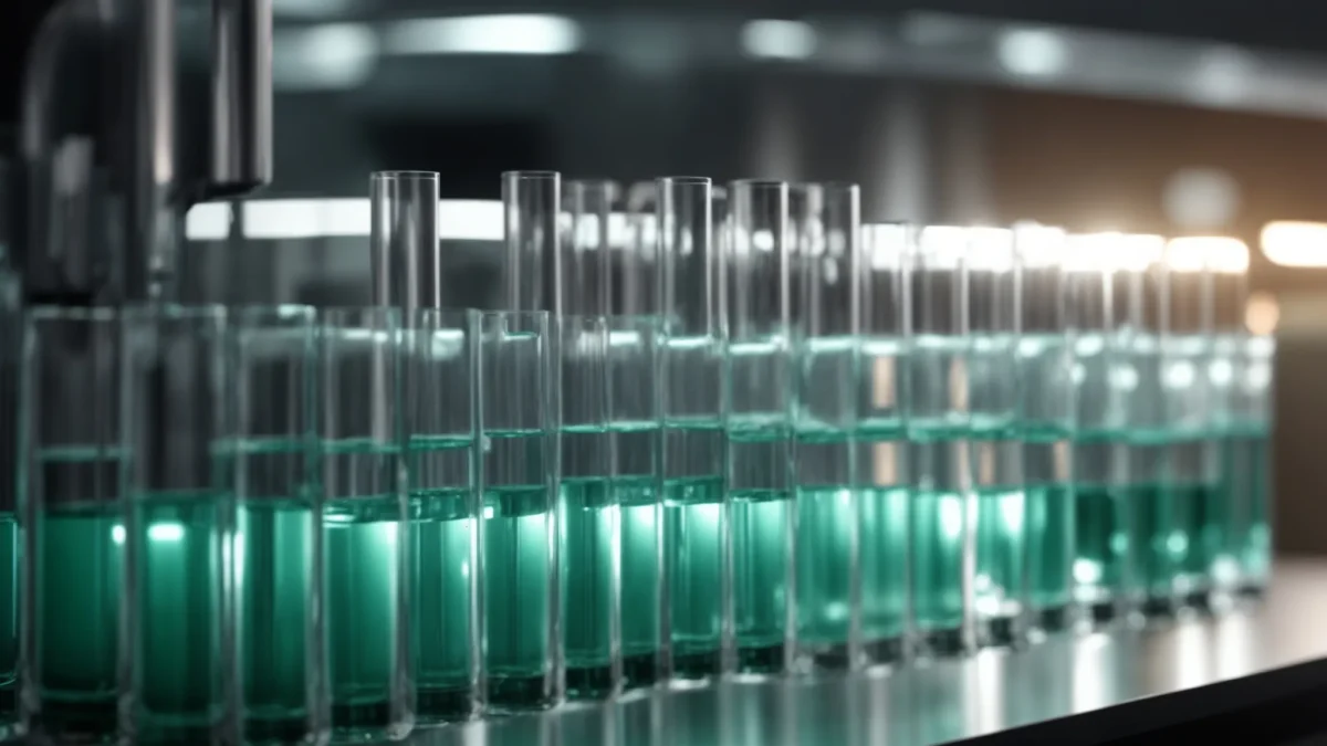 a sleek, modern pharmaceutical facility glows under bright, sterile lighting, showcasing a row of pristine palmitoylethanolamide tablets in clear glass vials, emphasizing reliability and precision in medicine manufacturing.