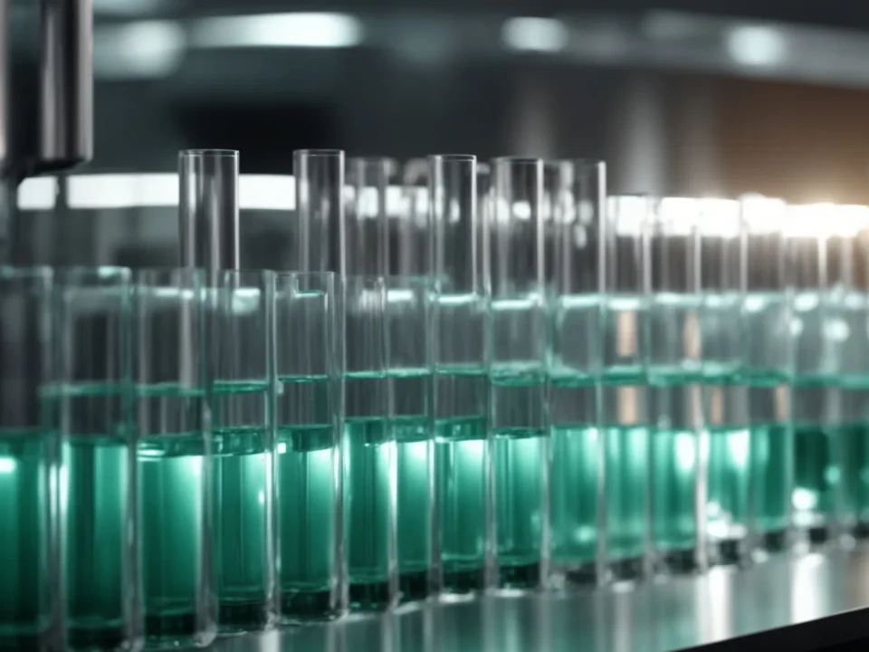 a sleek, modern pharmaceutical facility glows under bright, sterile lighting, showcasing a row of pristine palmitoylethanolamide tablets in clear glass vials, emphasizing reliability and precision in medicine manufacturing.