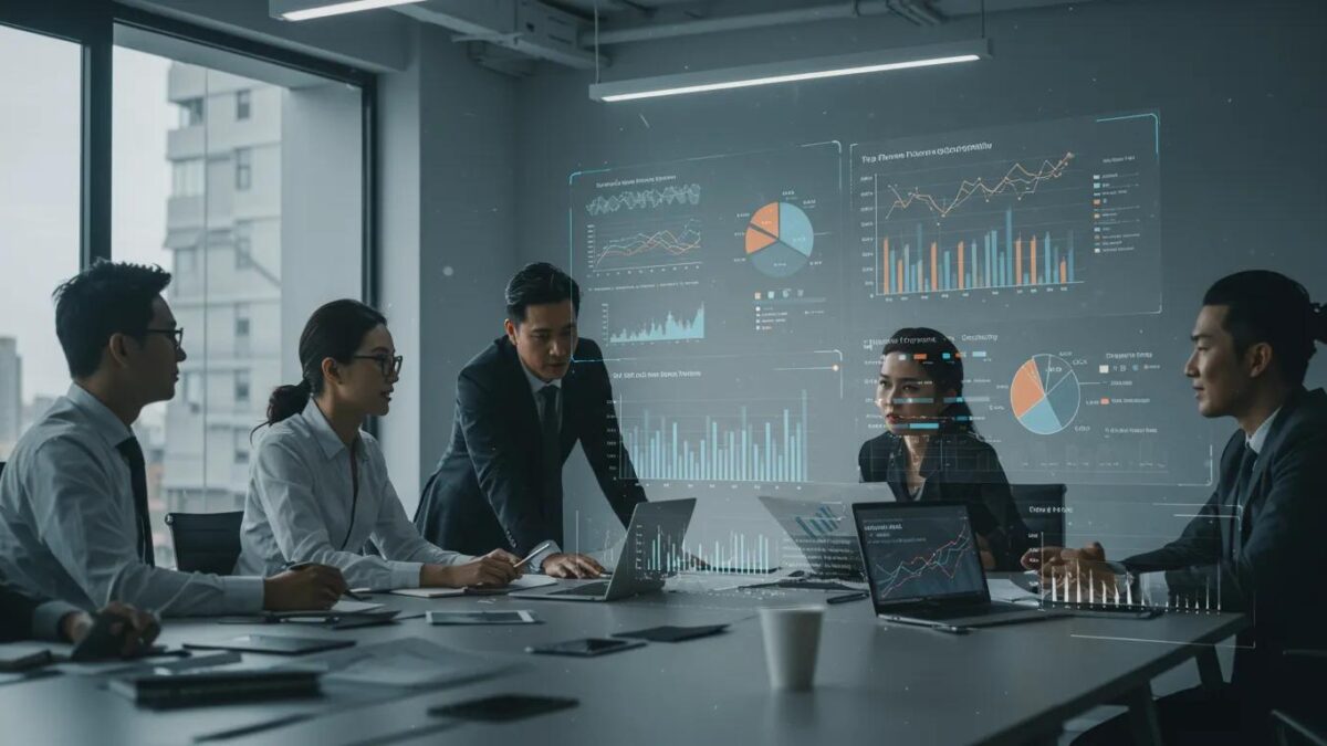 a sleek, modern office environment showcases a group of professionals engaged in a dynamic discussion, with vibrant charts and graphs highlighting the success of top pharma franchise opportunities displayed on digital screens.