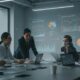 a sleek, modern office environment showcases a group of professionals engaged in a dynamic discussion, with vibrant charts and graphs highlighting the success of top pharma franchise opportunities displayed on digital screens.