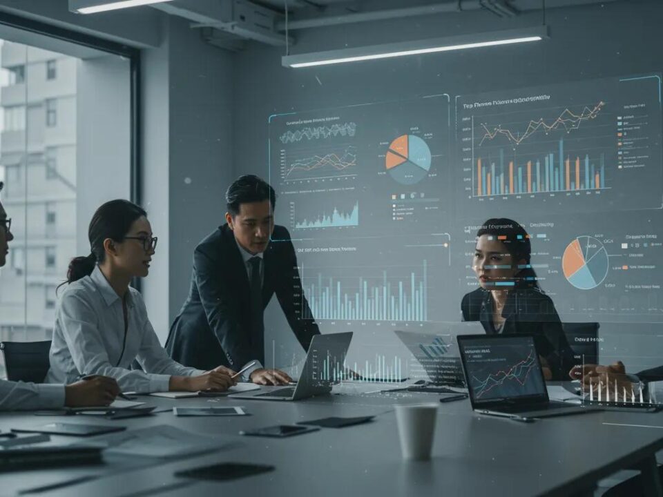 a sleek, modern office environment showcases a group of professionals engaged in a dynamic discussion, with vibrant charts and graphs highlighting the success of top pharma franchise opportunities displayed on digital screens.