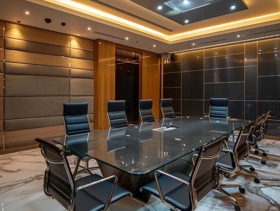 a modern conference room in hyderabad, featuring a sleek glass table surrounded by attentive business professionals discussing strategic plans for succeeding in the pcd pharma franchise market, illuminated by bright, focused led lighting.