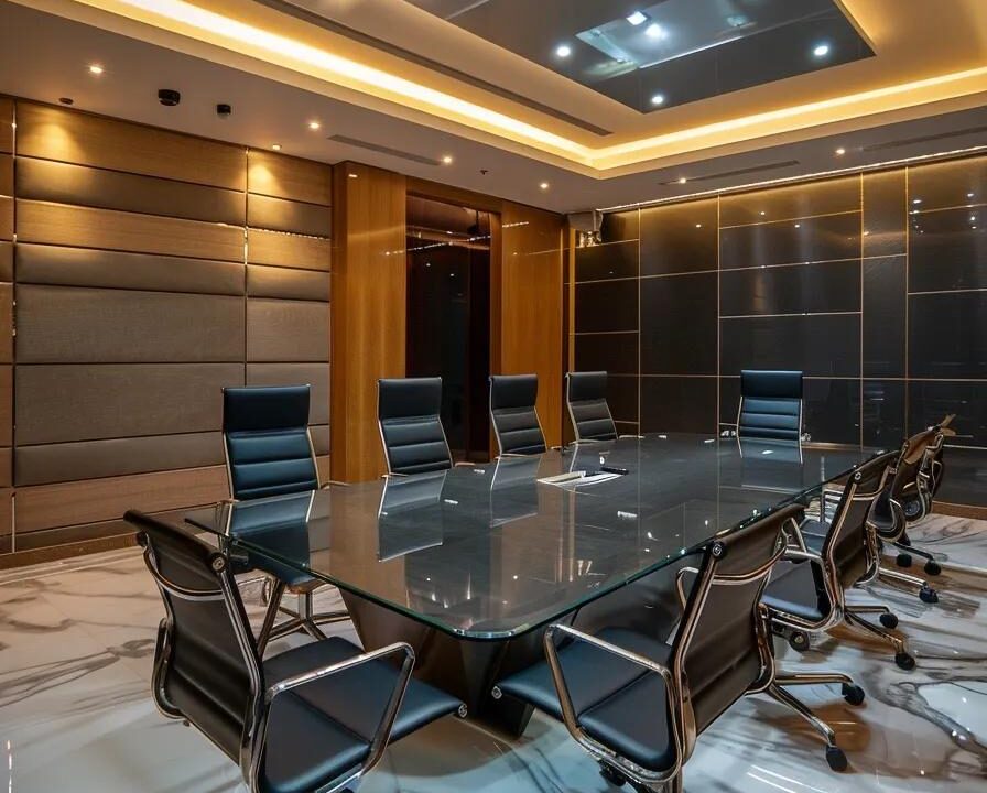 a modern conference room in hyderabad, featuring a sleek glass table surrounded by attentive business professionals discussing strategic plans for succeeding in the pcd pharma franchise market, illuminated by bright, focused led lighting.