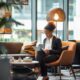 a modern corporate office setting showcases a focused entrepreneur reviewing a detailed franchise business plan, surrounded by sleek furniture, sophisticated technology, and pharmaceutical industry posters that highlight key strategies for success.