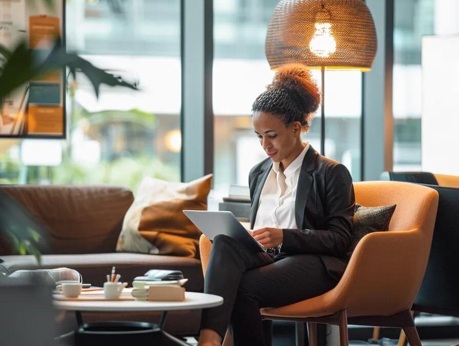 a modern corporate office setting showcases a focused entrepreneur reviewing a detailed franchise business plan, surrounded by sleek furniture, sophisticated technology, and pharmaceutical industry posters that highlight key strategies for success.