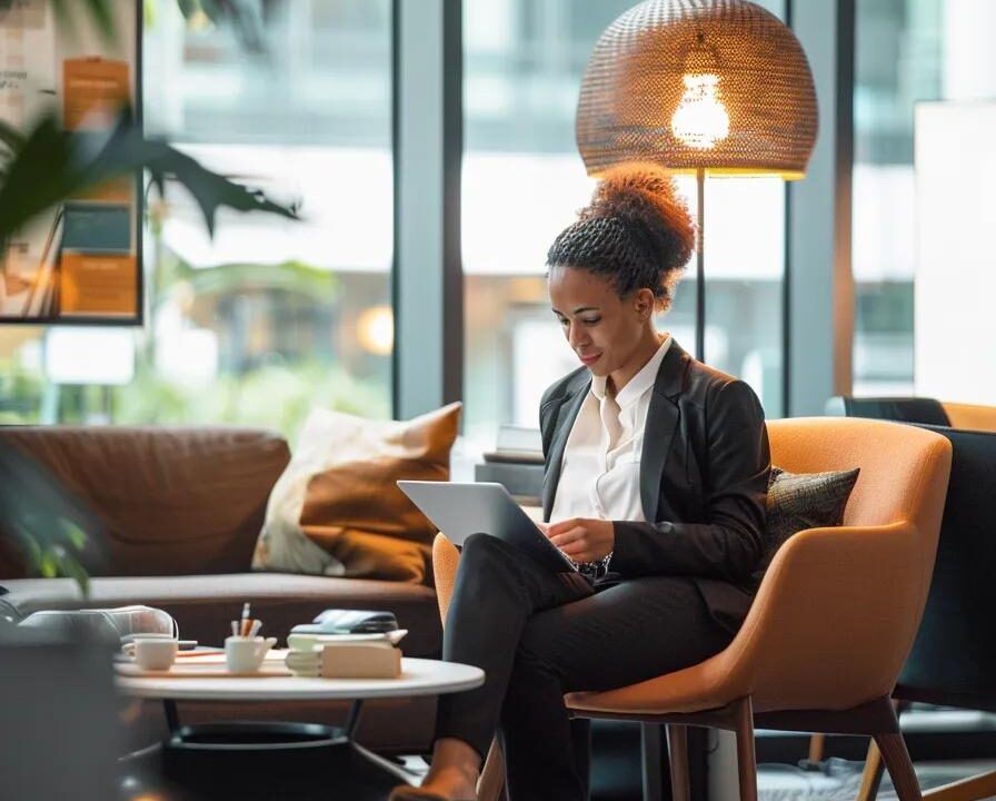 a modern corporate office setting showcases a focused entrepreneur reviewing a detailed franchise business plan, surrounded by sleek furniture, sophisticated technology, and pharmaceutical industry posters that highlight key strategies for success.