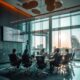 a sleek, modern office featuring a large conference table surrounded by professionals engaged in a dynamic discussion about the top pcd pharma franchise opportunities in india, with charts and graphs projected on a large screen.
