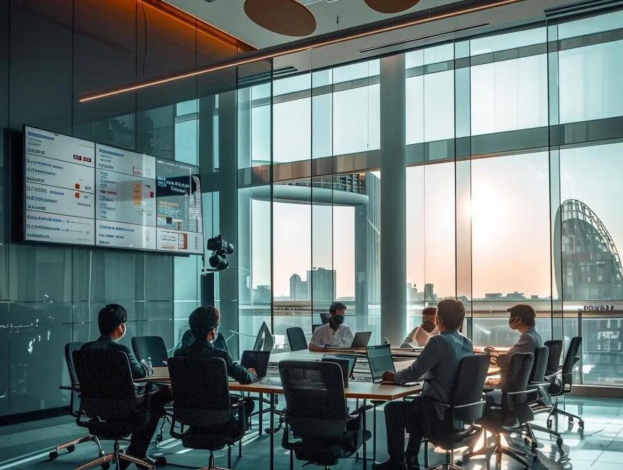 a sleek, modern office featuring a large conference table surrounded by professionals engaged in a dynamic discussion about the top pcd pharma franchise opportunities in india, with charts and graphs projected on a large screen.
