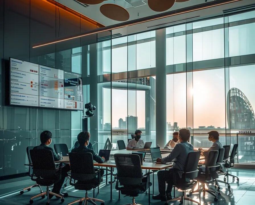 a sleek, modern office featuring a large conference table surrounded by professionals engaged in a dynamic discussion about the top pcd pharma franchise opportunities in india, with charts and graphs projected on a large screen.