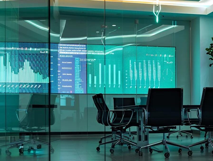 a sleek, modern pharmaceutical office featuring a glass conference room, with vibrant charts and data projections on digital screens, illustrating the dynamic landscape of franchise business strategies in the pharma industry.