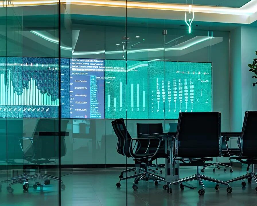 a sleek, modern pharmaceutical office featuring a glass conference room, with vibrant charts and data projections on digital screens, illustrating the dynamic landscape of franchise business strategies in the pharma industry.