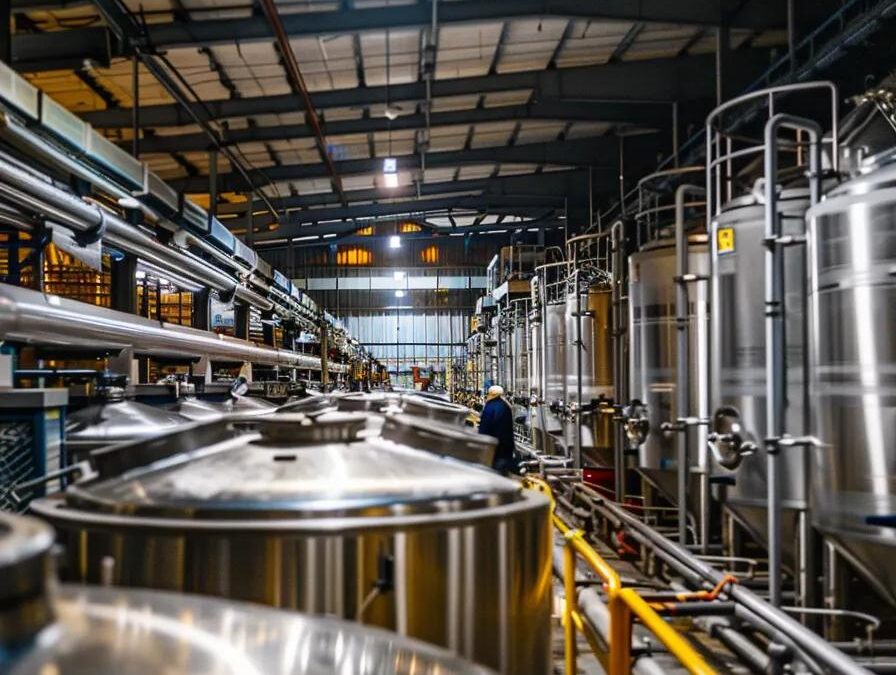 a bustling factory interior showcasing large stainless steel tanks and gleaming machinery, where workers meticulously oversee the production of rich, golden syrup under bright industrial lighting.
