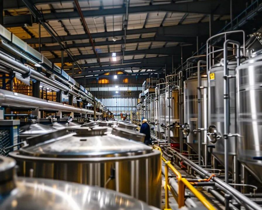 a bustling factory interior showcasing large stainless steel tanks and gleaming machinery, where workers meticulously oversee the production of rich, golden syrup under bright industrial lighting.
