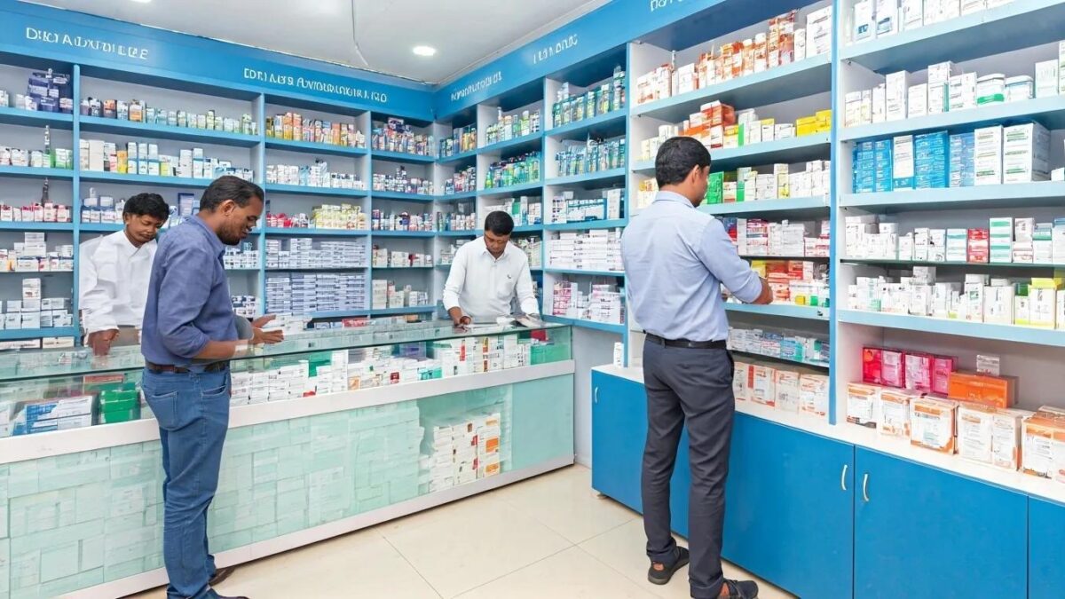 Pharmacy scene in Andhra Pradesh showcasing diverse pharmaceutical products and customer interactions