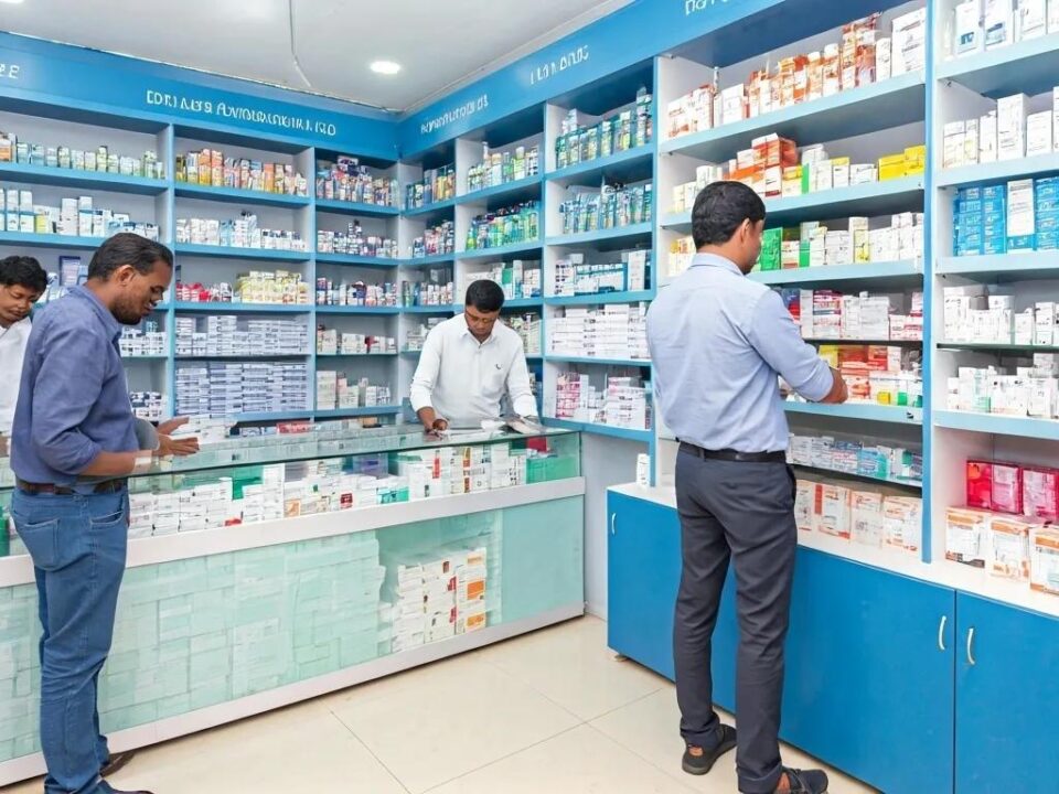 Pharmacy scene in Andhra Pradesh showcasing diverse pharmaceutical products and customer interactions