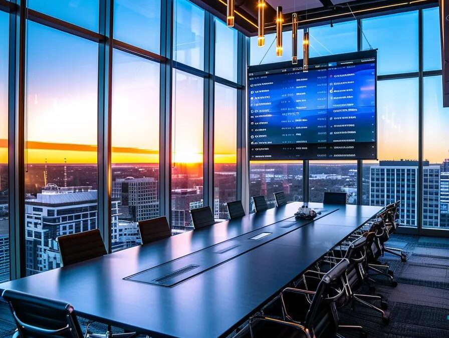 a modern conference room showcasing a digital dashboard displaying impressive reviews and ratings of third-party syrup manufacturers, with sleek furniture, ambient lighting, and a city skyline visible through expansive windows.