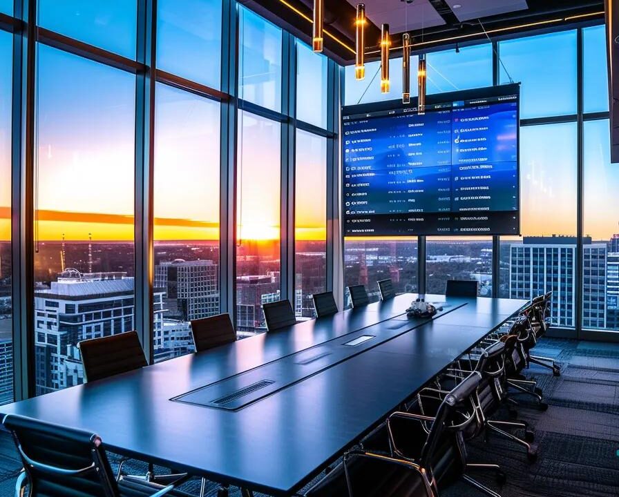 a modern conference room showcasing a digital dashboard displaying impressive reviews and ratings of third-party syrup manufacturers, with sleek furniture, ambient lighting, and a city skyline visible through expansive windows.