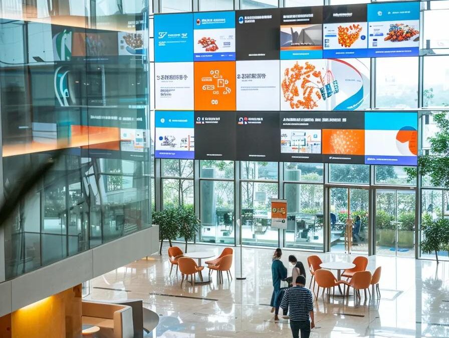 a bustling urban office space filled with pharmaceutical professionals engaged in dynamic discussions around a large digital screen displaying market trends and opportunities in the medicinal sector of andhra pradesh.