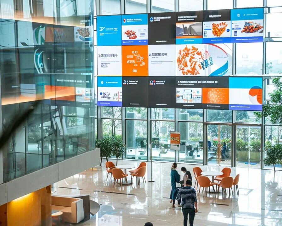 a bustling urban office space filled with pharmaceutical professionals engaged in dynamic discussions around a large digital screen displaying market trends and opportunities in the medicinal sector of andhra pradesh.