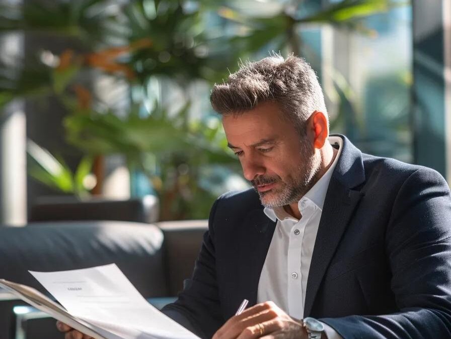 a dynamic office environment featuring a focused entrepreneur reviewing a strategic business plan for a pharmaceutical franchise, with modern technology and sleek furnishings highlighting the professional atmosphere.