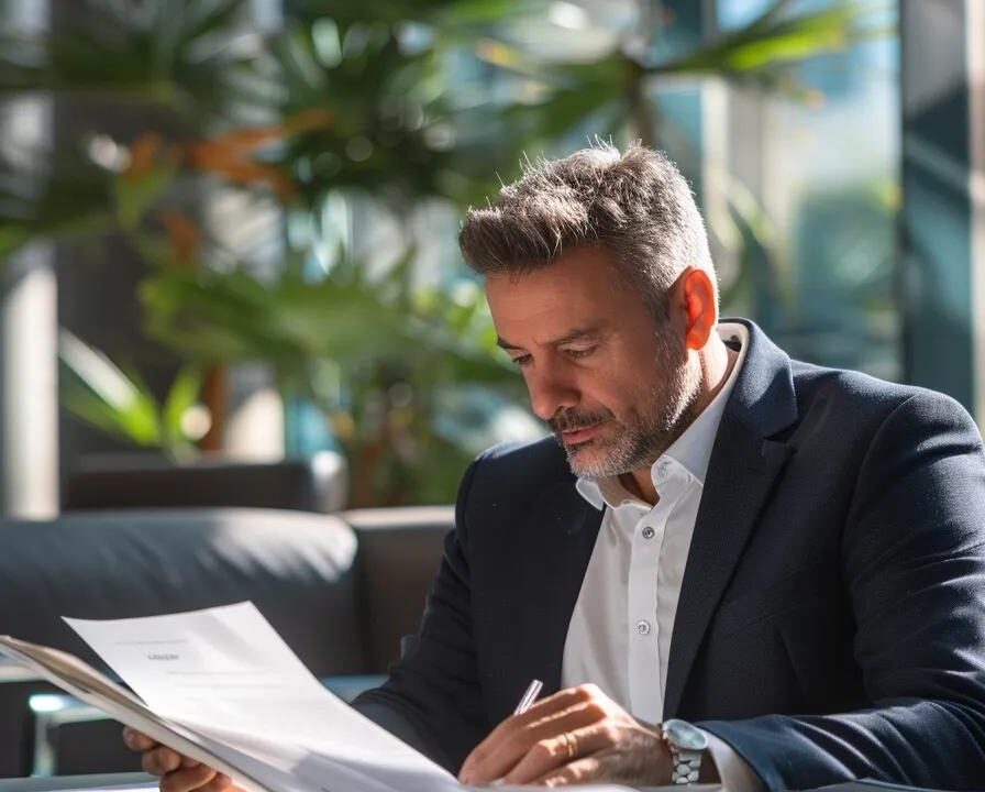 a dynamic office environment featuring a focused entrepreneur reviewing a strategic business plan for a pharmaceutical franchise, with modern technology and sleek furnishings highlighting the professional atmosphere.