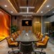 a modern conference room in maharashtra, featuring a sleek dark wooden table surrounded by minimalist chairs, with a vibrant digital banner displaying the chemsroot logo in marathi, symbolising a partnership in the pharmaceutical industry.