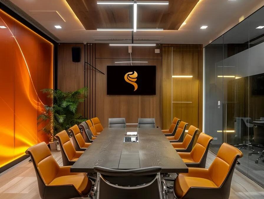 a modern conference room in maharashtra, featuring a sleek dark wooden table surrounded by minimalist chairs, with a vibrant digital banner displaying the chemsroot logo in marathi, symbolising a partnership in the pharmaceutical industry.