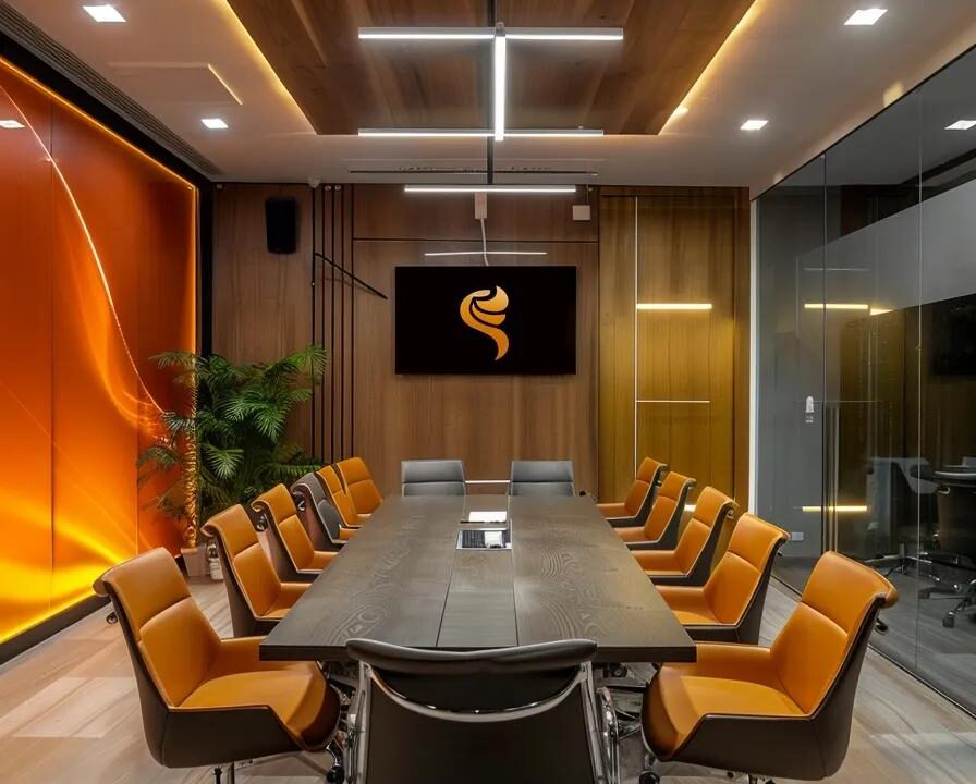 a modern conference room in maharashtra, featuring a sleek dark wooden table surrounded by minimalist chairs, with a vibrant digital banner displaying the chemsroot logo in marathi, symbolising a partnership in the pharmaceutical industry.