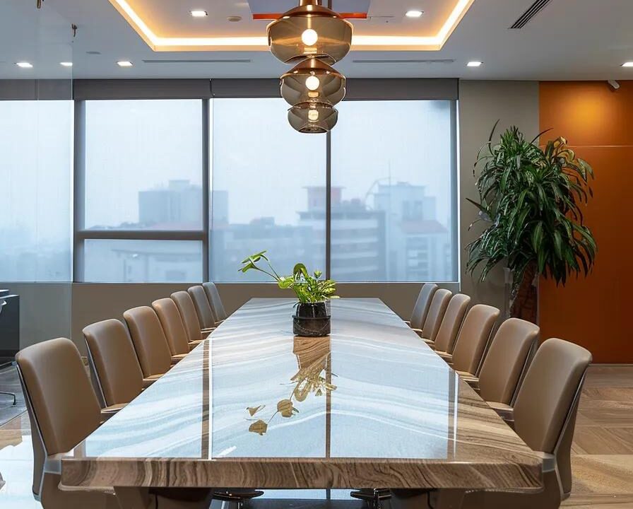 a modern conference room in chennai with a sleek glass table, top-tier technology presentations on display, and professionals engaged in dynamic discussions about selecting and succeeding with pcd pharma franchises.