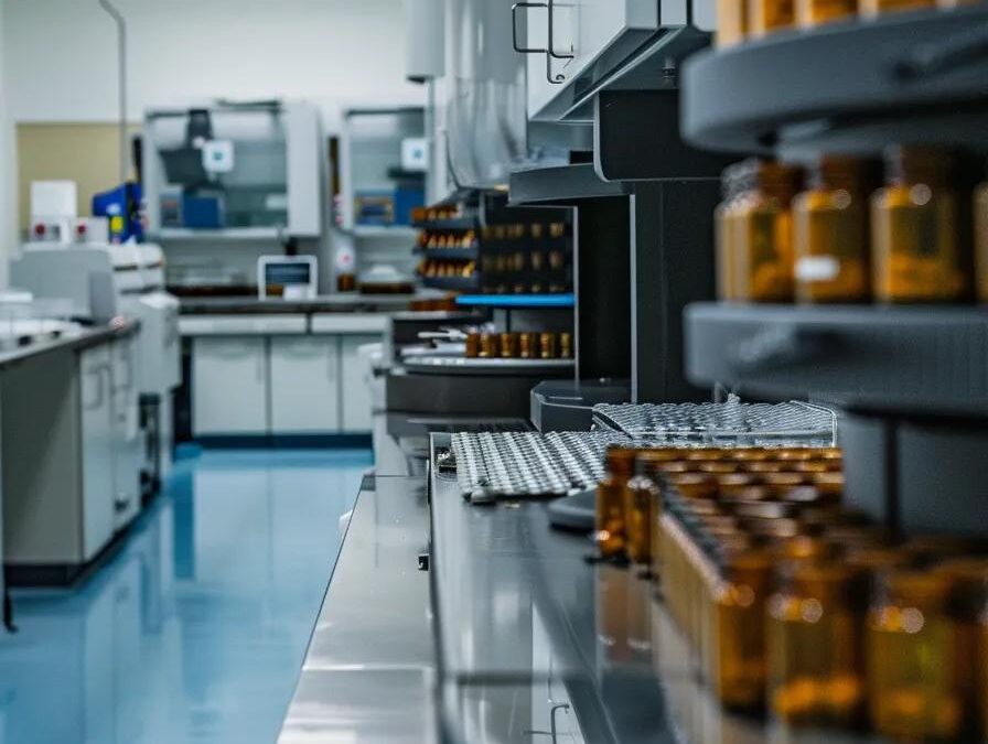 a sleek, modern laboratory filled with high-tech equipment showcases the intricate process of nutraceutical tablet production, highlighting precision and innovation in outsourced supplement manufacturing.