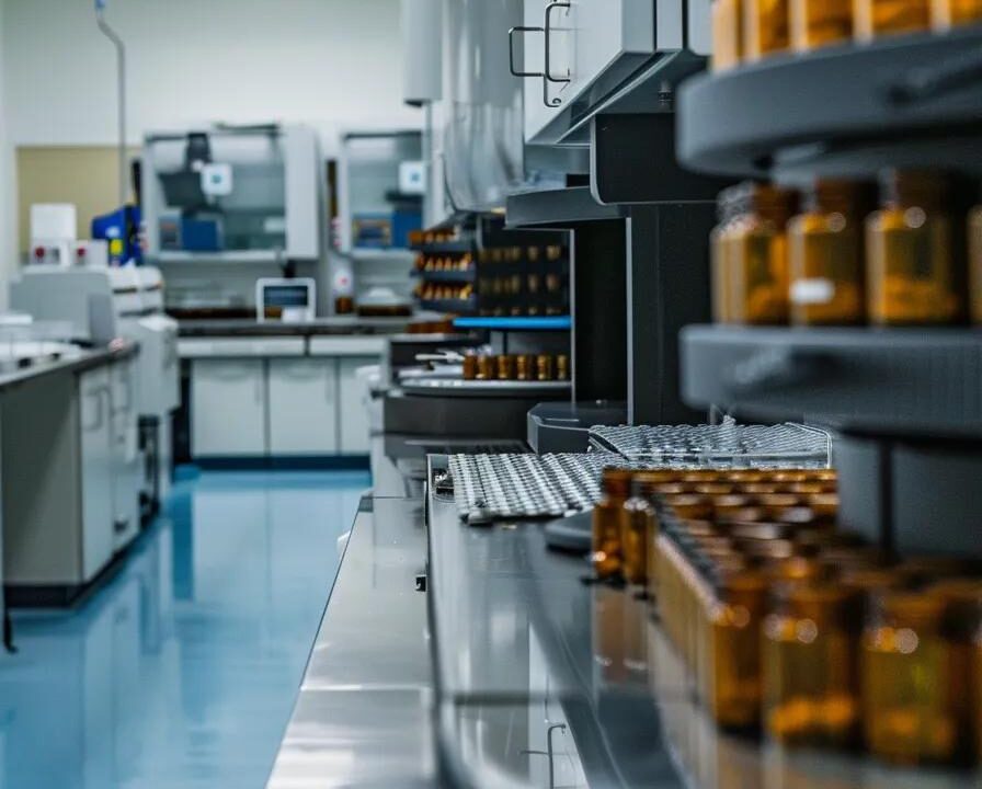 a sleek, modern laboratory filled with high-tech equipment showcases the intricate process of nutraceutical tablet production, highlighting precision and innovation in outsourced supplement manufacturing.