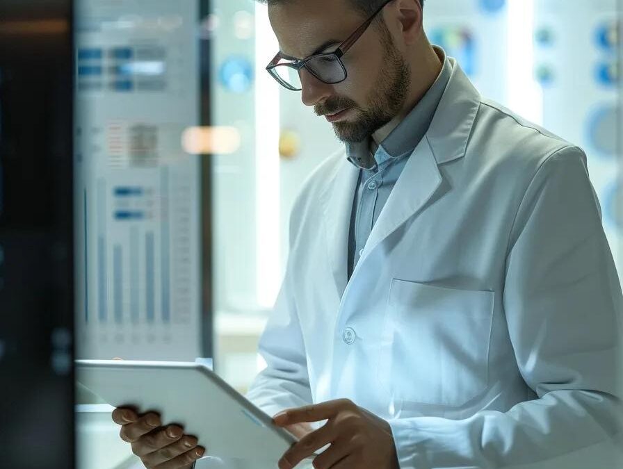 a sleek, modern office space showcases a confident business professional reviewing data and strategies on a high-tech tablet, surrounded by vibrant charts and pharmaceutical products, embodying the ambition and clarity needed for success in the pcd pharma franchise industry.
