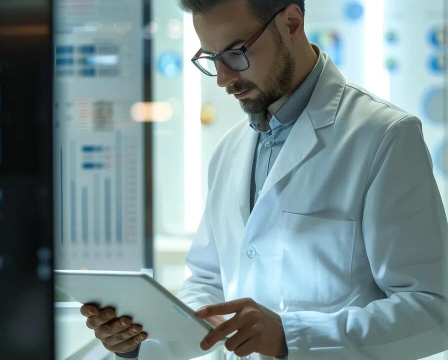a sleek, modern office space showcases a confident business professional reviewing data and strategies on a high-tech tablet, surrounded by vibrant charts and pharmaceutical products, embodying the ambition and clarity needed for success in the pcd pharma franchise industry.