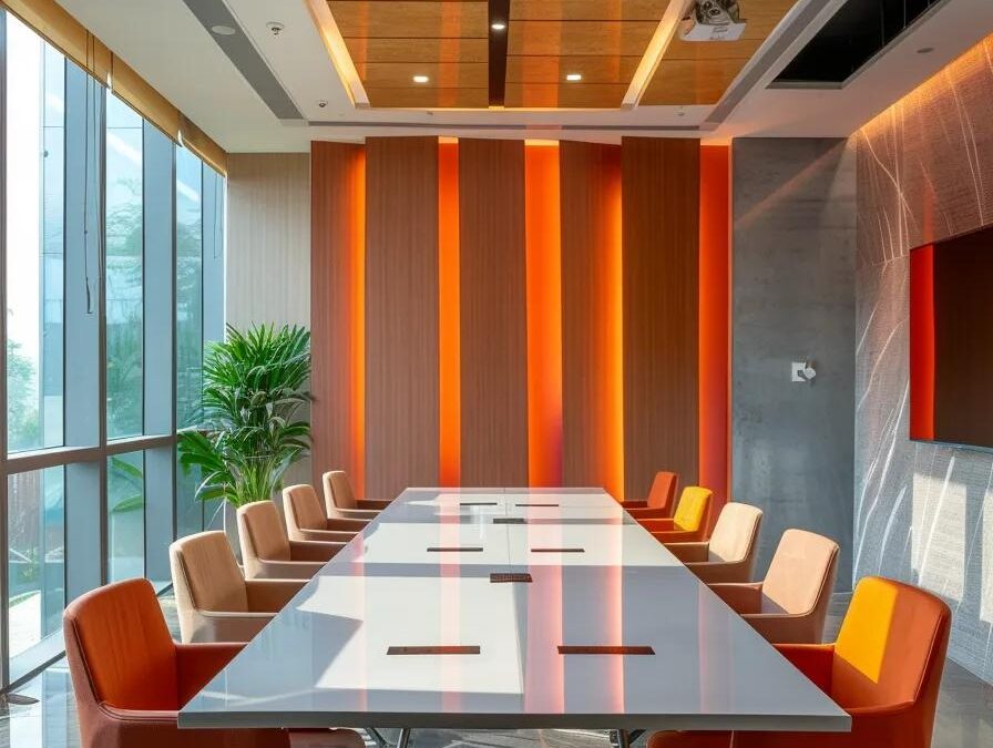 a sleek office interior in jammu, featuring a modern conference table surrounded by vibrant banners showcasing the pcd pharma franchise, conveying an atmosphere of professionalism and entrepreneurial ambition.