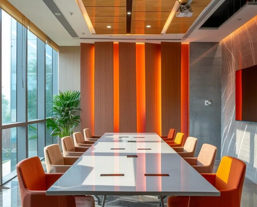 a sleek office interior in jammu, featuring a modern conference table surrounded by vibrant banners showcasing the pcd pharma franchise, conveying an atmosphere of professionalism and entrepreneurial ambition.