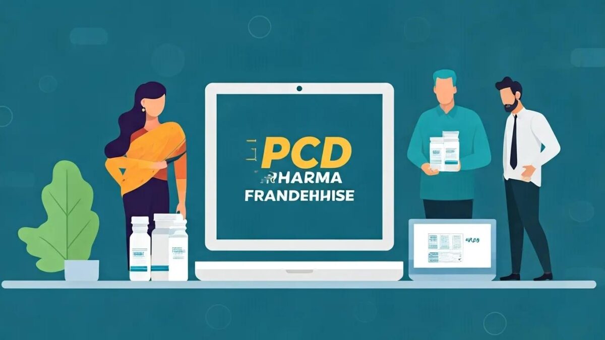 Diverse professionals discussing PCD pharma franchise opportunities in a modern office