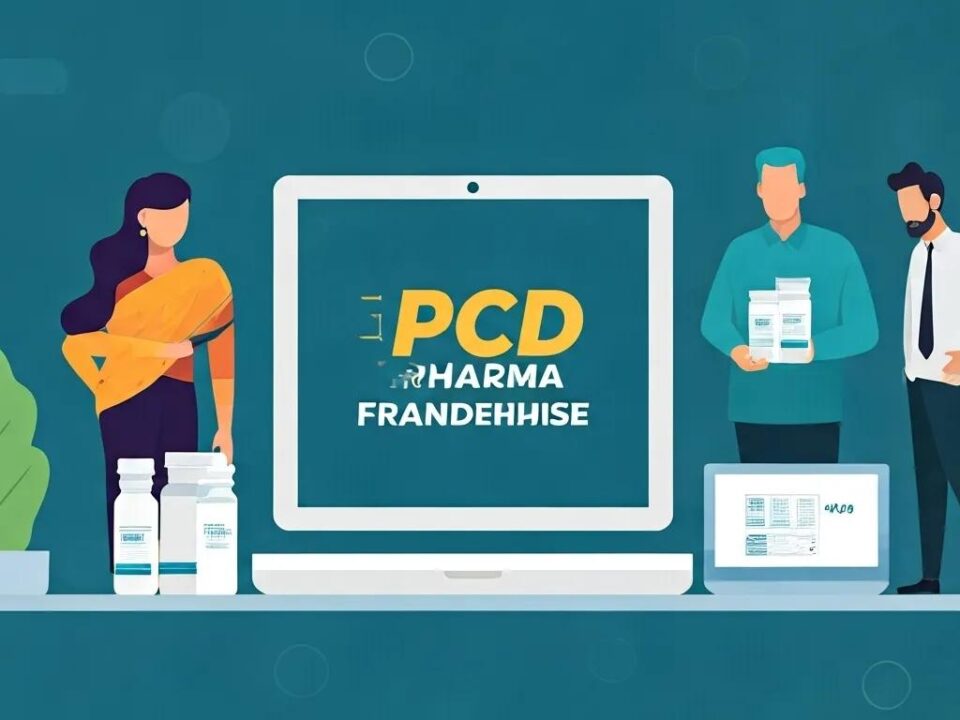 Diverse professionals discussing PCD pharma franchise opportunities in a modern office
