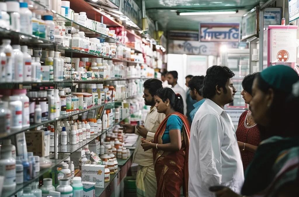 Pharmacy in Uttar Pradesh with diverse customers and pharmacists, highlighting community healthcare