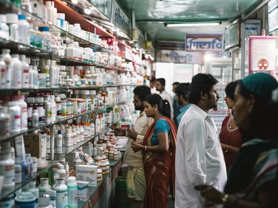 Pharmacy in Uttar Pradesh with diverse customers and pharmacists, highlighting community healthcare
