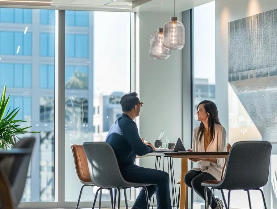 a dynamic office environment showcasing a confident entrepreneur engaging in a strategic discussion with a consultant about launching a successful pharma franchise, highlighted by modern décor and industry-specific visual aids.