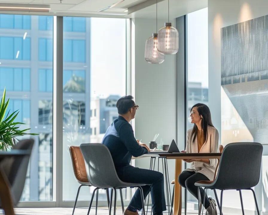 a dynamic office environment showcasing a confident entrepreneur engaging in a strategic discussion with a consultant about launching a successful pharma franchise, highlighted by modern décor and industry-specific visual aids.