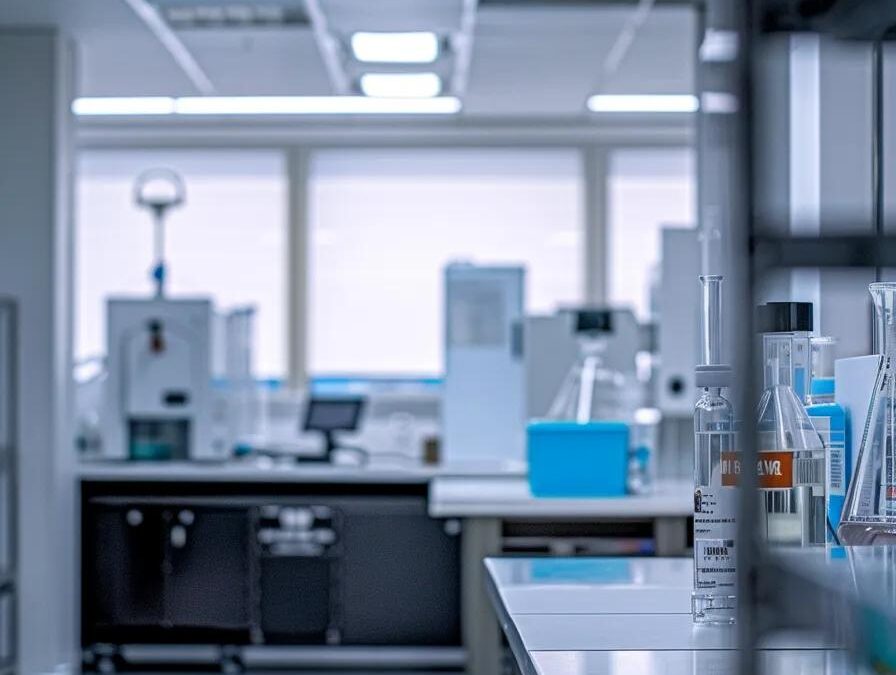 a modern pharmaceutical manufacturing office, featuring sleek equipment and a quality control lab, showcases a confident professional discussing strategic plans for starting a successful pharma franchise with a focus on rigorous standards and support in a bright, sterile environment.